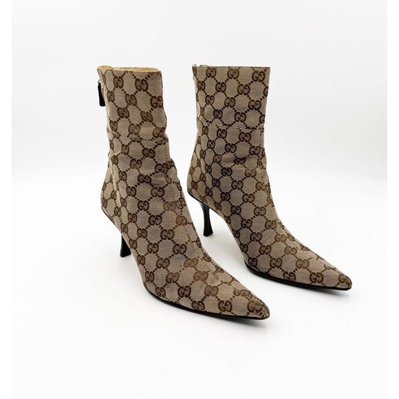 Gucci GG Canvas Ankle Boots Pointed Toe Heels Size 6.5 - Picture 1 of 12